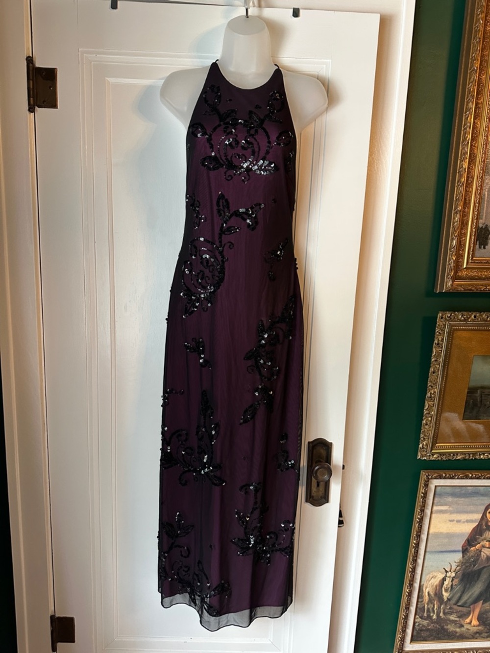 Rimini Plum Halter Maxi Dress with Black Sequin Appliqué